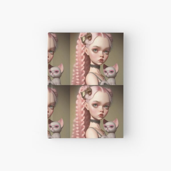Pink hair Girl with her grumpy cat Hardcover Journal