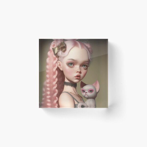 Pink hair Girl with her grumpy cat Acrylic Block