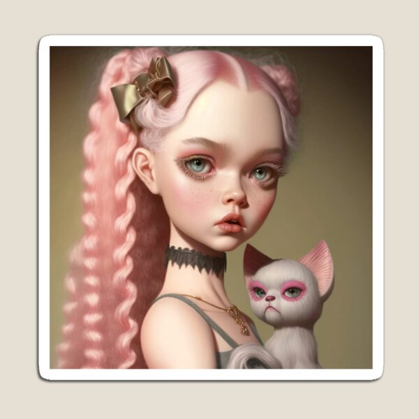 Pink hair Girl with her grumpy cat Magnet