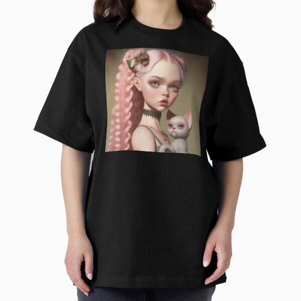 Pink hair Girl with her grumpy cat Oversized T-Shirt