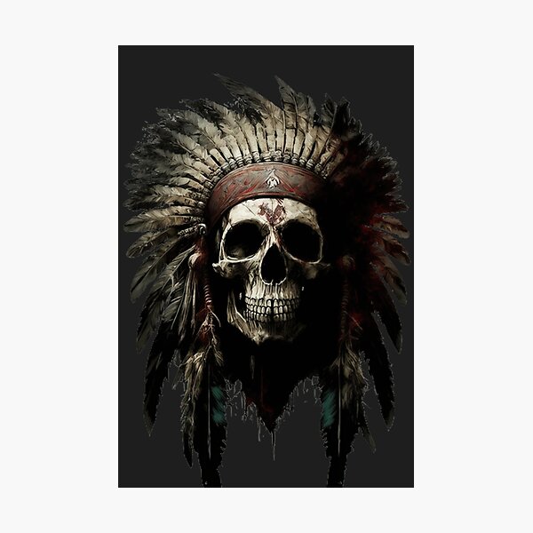 Vintage 90s Native American Chief outlet Skull Face Headress Feather All Over Print M