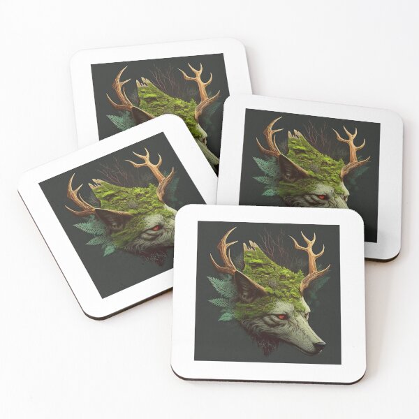 Item preview, White Wolf with antlers and Moss, Poster designed and sold by SkullandKitten.
