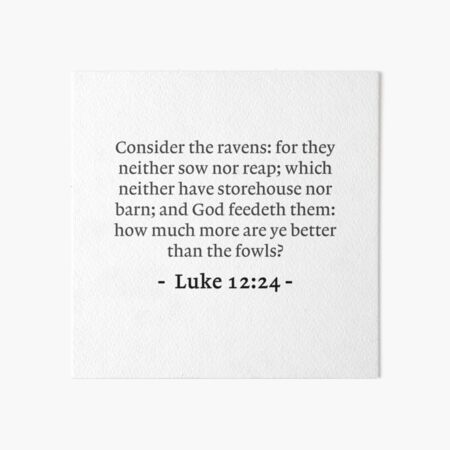 King James Bible (www.thekingsbible.com) - Luke 12:24 Consider the ravens:  for they neither sow nor reap; which neither have storehouse nor barn; and  God feedeth them: how much more are ye better