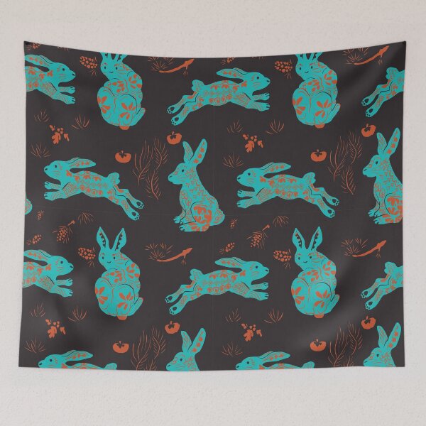 Aperçu de l'œuvre Lapins Papercut : Turquoise-Tangerine sur Raisin créée et vendue par chueok-studio.
