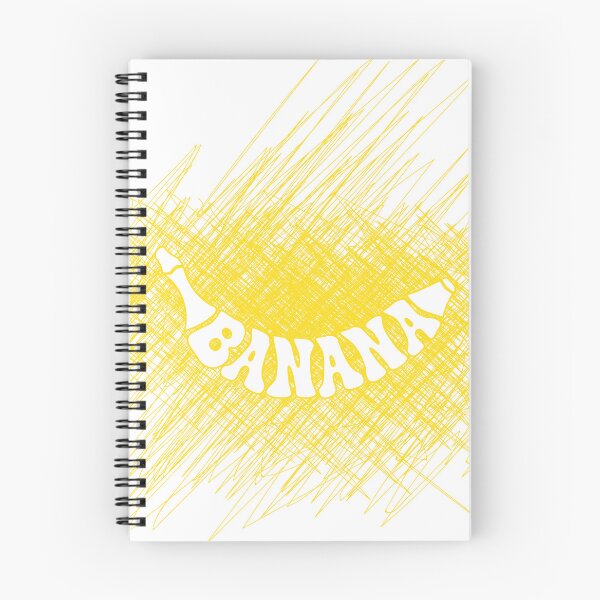 Aperçu de l'œuvre Le mot banane écrit en forme de banane sous la forme d'un espace négatif sur un fond griffonné de couleur jaune créée et vendue par SuvethaSukumar.