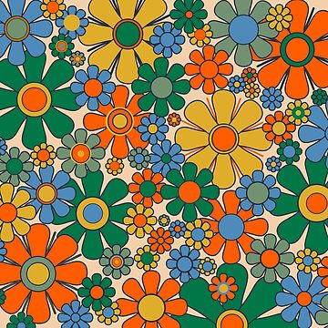 Artwork thumbnail, Retro Garden Flowers Groovy 60s 70s Floral Pattern Mustard Green Orange Blue by kierkegaard