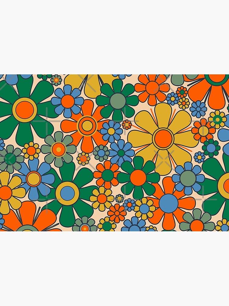 Thumbnail 3 of 3, Jigsaw Puzzle, Retro Garden Flowers Groovy 60s 70s Floral Pattern Mustard Green Orange Blue designed and sold by kierkegaard.
