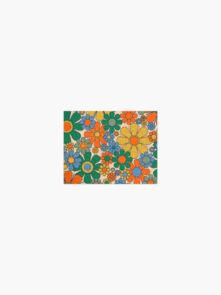 Thumbnail 1 of 3, Jigsaw Puzzle, Retro Garden Flowers Groovy 60s 70s Floral Pattern Mustard Green Orange Blue designed and sold by kierkegaard.