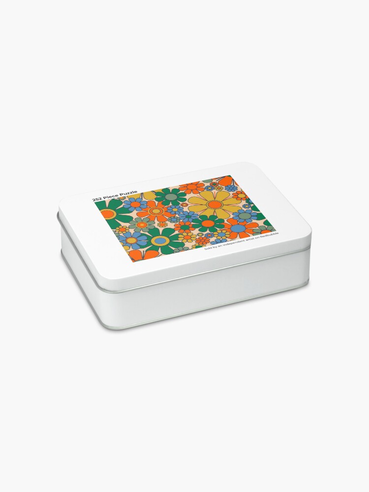 Thumbnail 2 of 3, Jigsaw Puzzle, Retro Garden Flowers Groovy 60s 70s Floral Pattern Mustard Green Orange Blue designed and sold by kierkegaard.