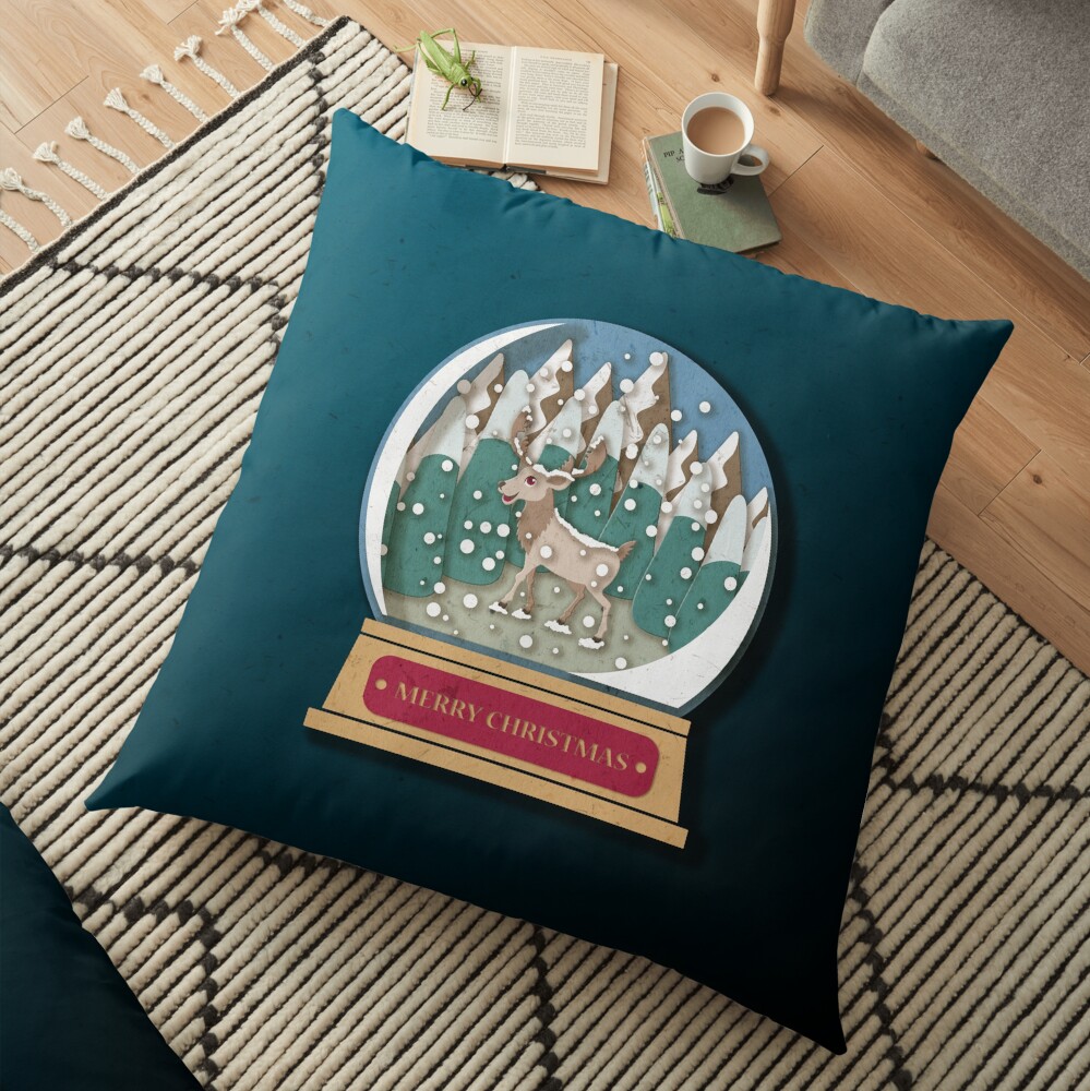 Merry Christmas Snowglobe Reindeer Floor Pillow