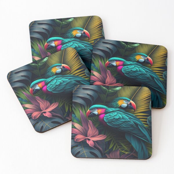 Item preview, Tropical patterns, Large leaves in green, yellow and orange, Cute parrot designed and sold by asbno19.
