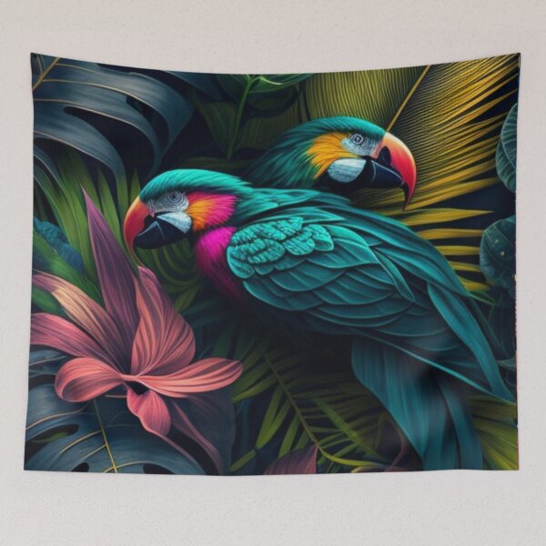 Item preview, Tropical patterns, Large leaves in green, yellow and orange, Cute parrot designed and sold by asbno19.
