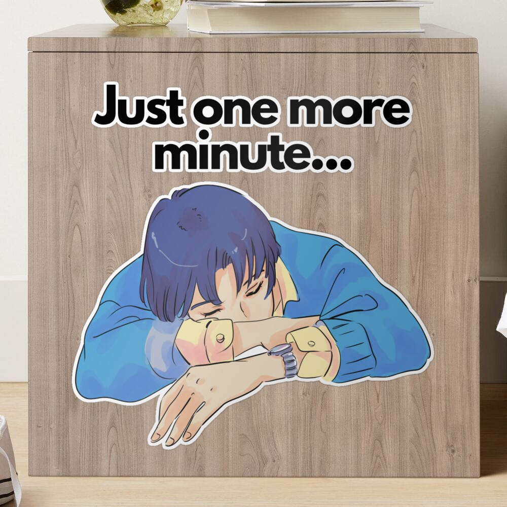 Just one more minute sleepy sleep funny Cute Anime Boy quote. 