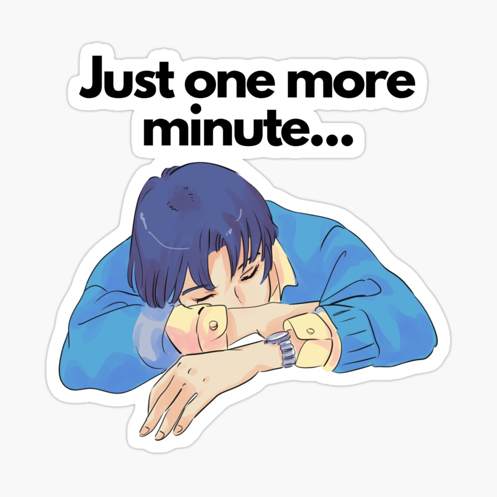 Just one more minute sleepy sleep funny Cute Anime Boy quote. 