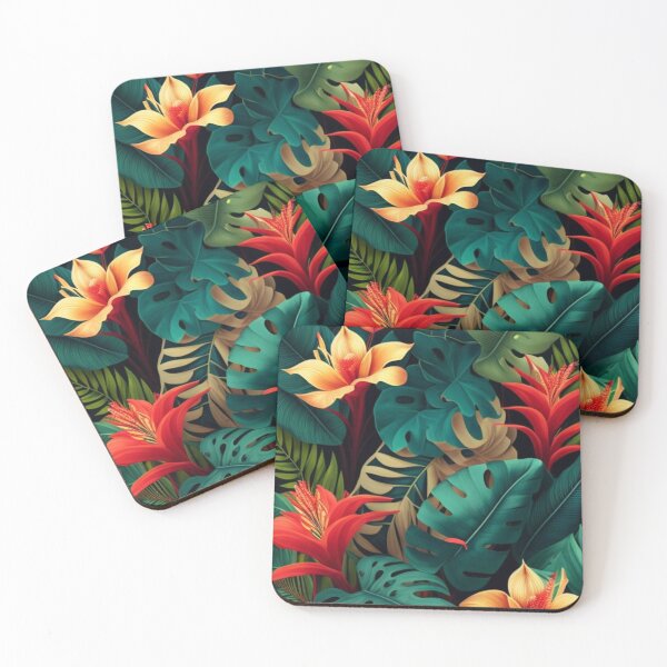 Item preview, Tropical patterns, Large leaves in green, yellow and red, Flowers in red and yellow color designed and sold by asbno19.