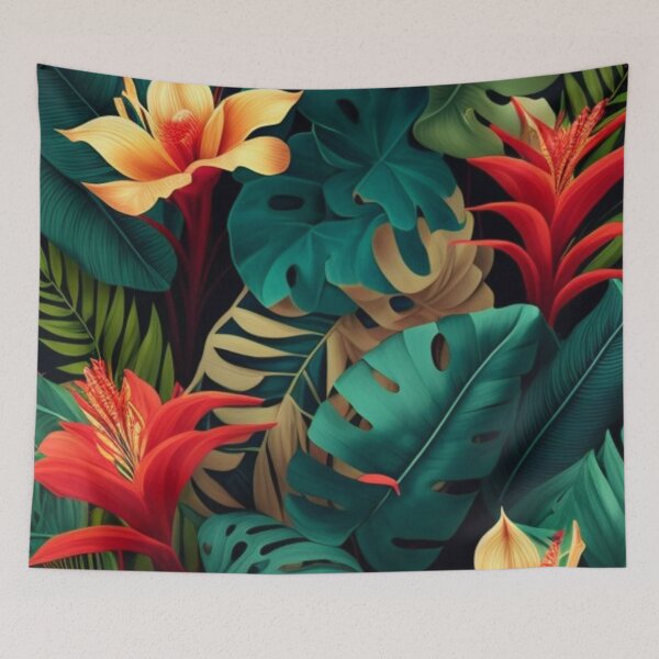 Item preview, Tropical patterns, Large leaves in green, yellow and red, Flowers in red and yellow color designed and sold by asbno19.