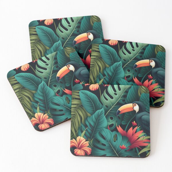 Item preview, Tropical patterns, Large leaves in green, yellow and red, Orange flowers, cute parrot designed and sold by asbno19.