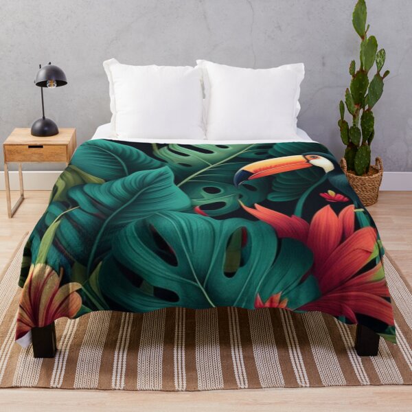 Item preview, Tropical patterns, Large leaves in green, yellow and red, Orange flowers, cute parrot designed and sold by asbno19.