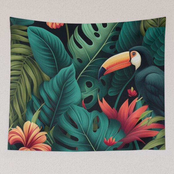 Item preview, Tropical patterns, Large leaves in green, yellow and red, Orange flowers, cute parrot designed and sold by asbno19.