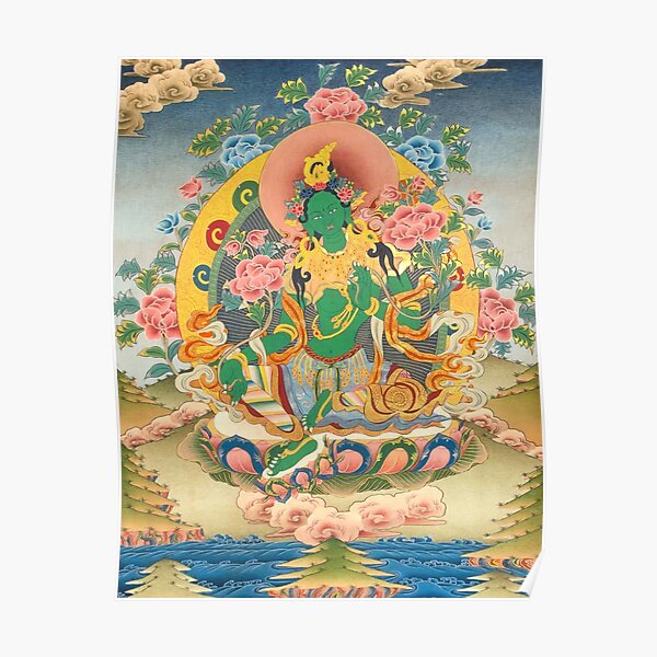 Green Tara On Lotus Throne - Buddhist Thangka Poster
