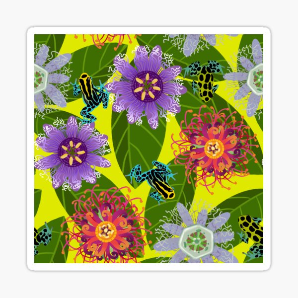 Pretty Poisons: Passionflowers and Poison Dart Frogs on Acid Yellow Sticker