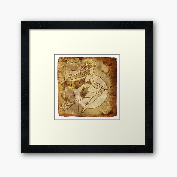 Fun Retro Halloween Witch On Her Broomstick In Sepia Tones Framed Art Print