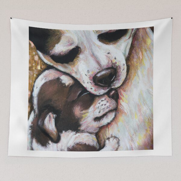 Item preview, Dog Mom Cuddling Puppy, Oil painting designed and sold by Color-Me-Blue.