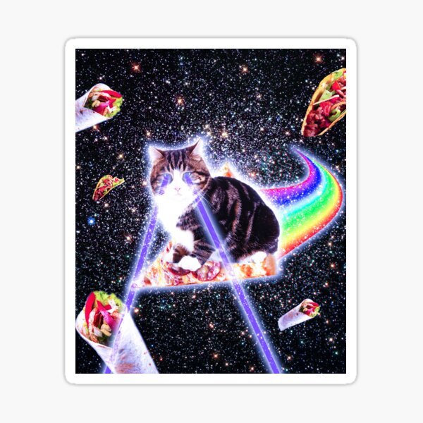 Laser Eyes Space Cat Riding Rainbow Pizza Sticker