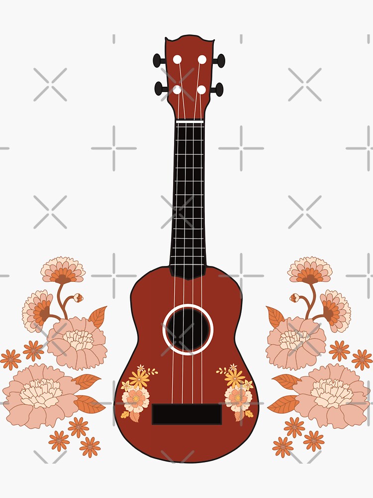 "Ukulele with flowers background in black" Sticker for Sale by