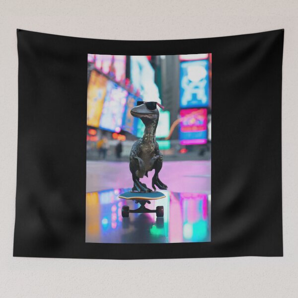 Item preview, Rare photo of a Velociraptor with sunglasses on a skateboard in Times Square designed and sold by Dirk4171.