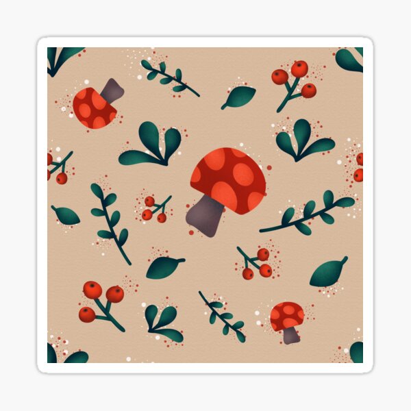seamless pattern, cute red fly agaric mushroom and green foliage on a pastel background, forest mativ Sticker