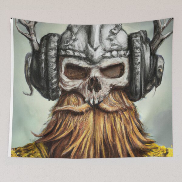 Item preview, Viking Vintage Skull Beard With Headphone | Oil painting designed and sold by Color-Me-Blue.