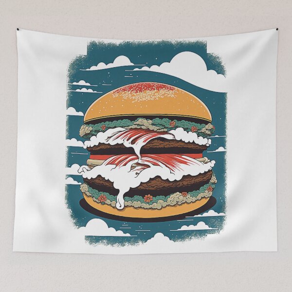 Item preview, Ukiyoe Burger: A Traditional Japanese Woodblock Print of a Hamburger in the Ukiyoe Style. designed and sold by BotTastic.