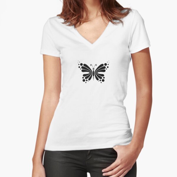 Hypnotic Butterfly B&W - Shee Vector Pattern Fitted V-Neck T-Shirt