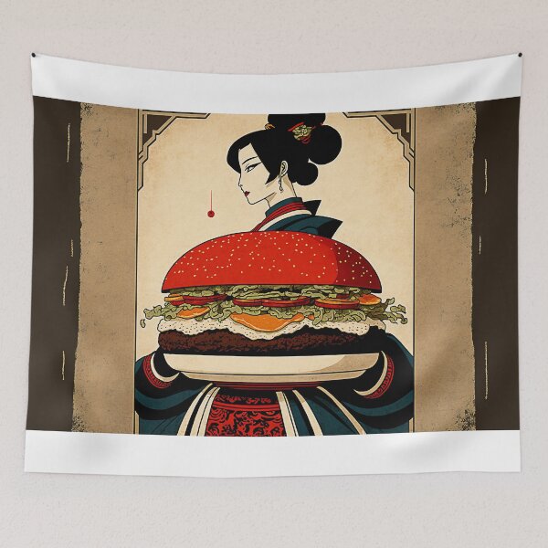 Item preview, Ukiyoe Burger: A Traditional Japanese Woodblock Print of a Hamburger in the Ukiyoe Style. designed and sold by BotTastic.