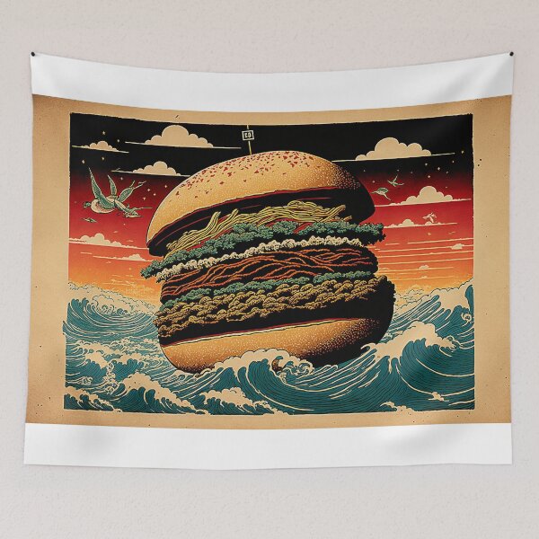 Item preview, Ukiyoe Burger: A Traditional Japanese Woodblock Print of a Hamburger in the Ukiyoe Style. designed and sold by BotTastic.