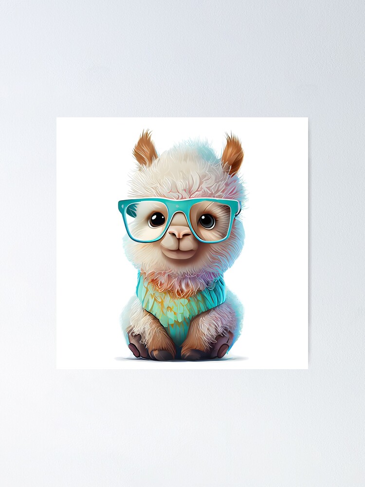 Sweet smart cute cartoon llama or alpaca with glasses Poster by MLArtifex