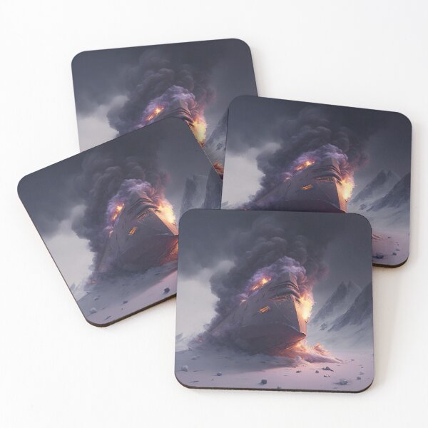 Item preview, A mind flyer space ship that has crashed into the side of a giant snowy mountain, whilst smoke and fire fill the surrounding . designed and sold by DSAHART.