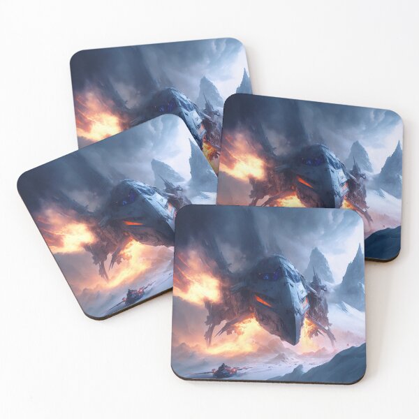 Item preview, A mind flyer space ship that has crashed into the side of a giant snowy mountain, whilst smoke and fire fill the surrounding . designed and sold by DSAHART.