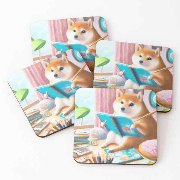 Item preview, Cute shiba inu doing his homework in his pastel aesthetic room, oil painting designed and sold by funwaridigital.