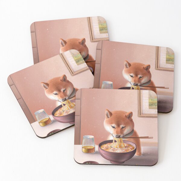 Item preview, Shiba inu eating a bowl of noodles, pastel oil painting designed and sold by funwaridigital.
