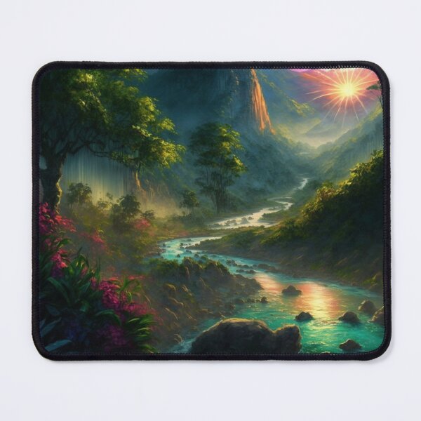 Item preview, Colorful sunset, landscape fantasy lush and verdant paradise with a crystal-clear river flowing through it designed and sold by RileyKyler.