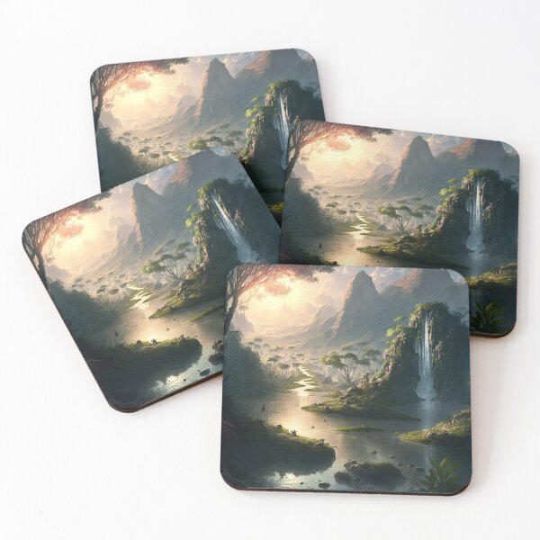 Item preview, Beautiful waterfall, fantasy lush and verdant paradise with a crystal-clear river flowing through it, sunset, landscape designed and sold by RileyKyler.