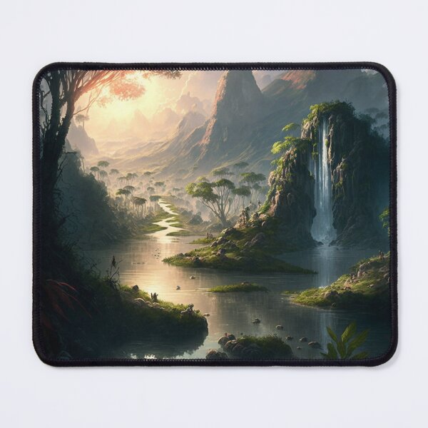 Item preview, Beautiful waterfall, fantasy lush and verdant paradise with a crystal-clear river flowing through it, sunset, landscape designed and sold by RileyKyler.