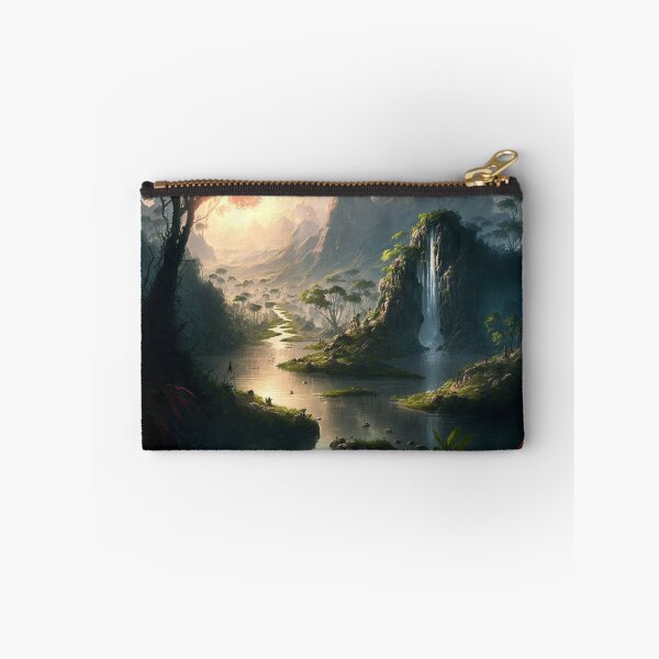 Item preview, Beautiful waterfall, fantasy lush and verdant paradise with a crystal-clear river flowing through it, sunset, landscape designed and sold by RileyKyler.