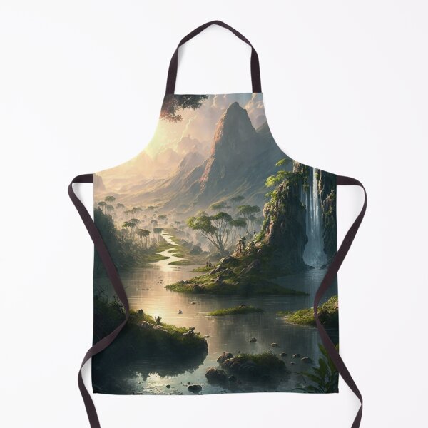 Item preview, Beautiful waterfall, fantasy lush and verdant paradise with a crystal-clear river flowing through it, sunset, landscape designed and sold by RileyKyler.