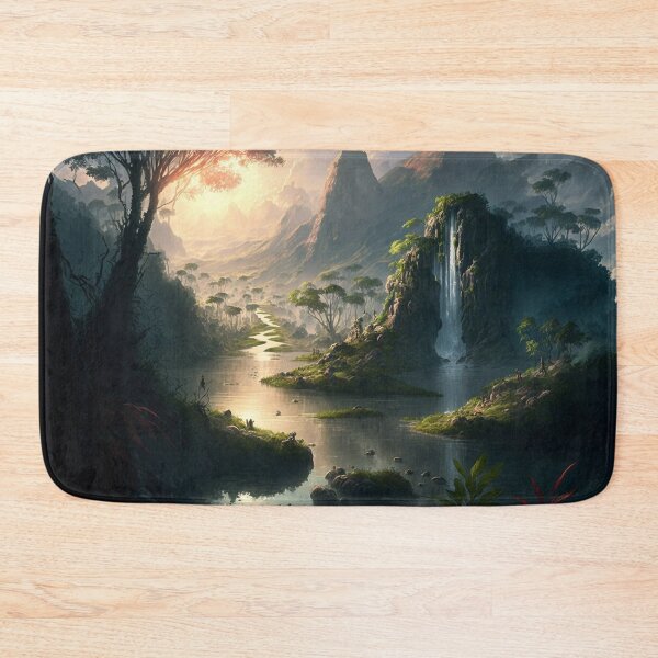Item preview, Beautiful waterfall, fantasy lush and verdant paradise with a crystal-clear river flowing through it, sunset, landscape designed and sold by RileyKyler.