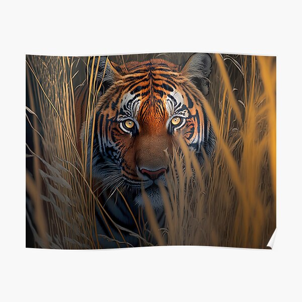 Bengal Tiger lurking in grass painting Artwork Poster