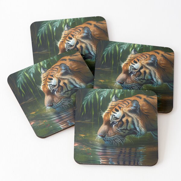 Aperçu de l'œuvre Tigre du Bengale buvant de l'eau Oeuvre originale de peinture à l'huile créée et vendue par TheSurrealists.