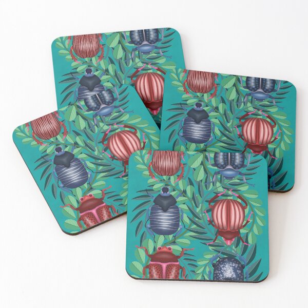 Item preview, Six red and blue beetles on a background of intertwined vines designed and sold by NIUSSbyIustinaT.
